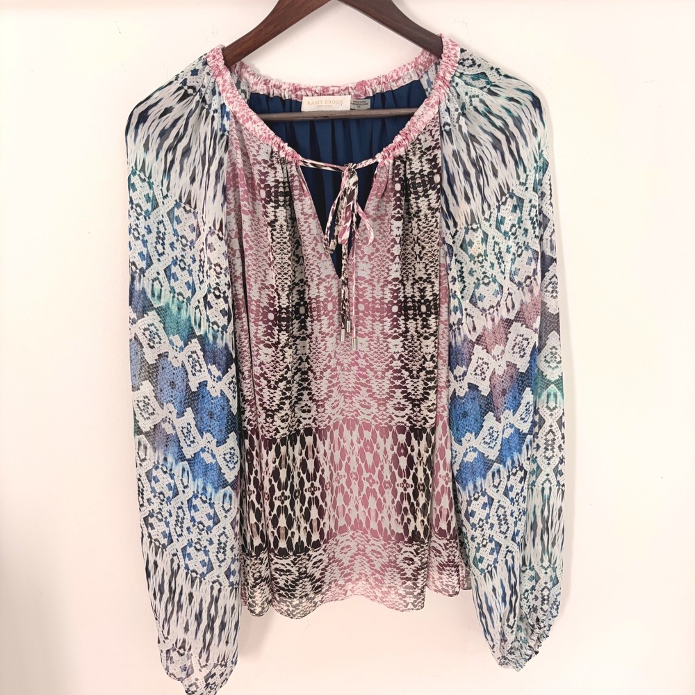 Ramy Brook Kayden Silk Blouse Large Boho Snakeskin Print Multi-Color Long Sleeve - Picture 2 of 10